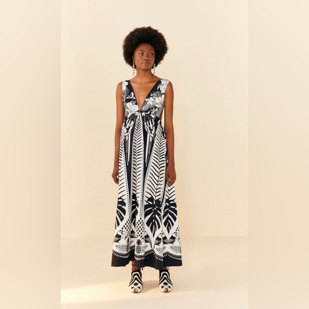 FARM Rio Black & White Tropical Leaf V‑Neck Maxi Dress - Picture 3 of 8